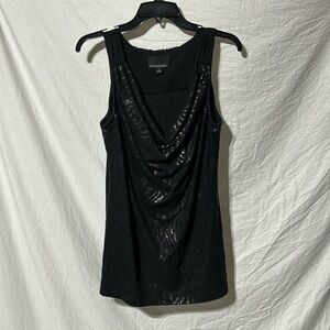 Cynthia Rowley L black on black matte sequined long top euc dressy slimming